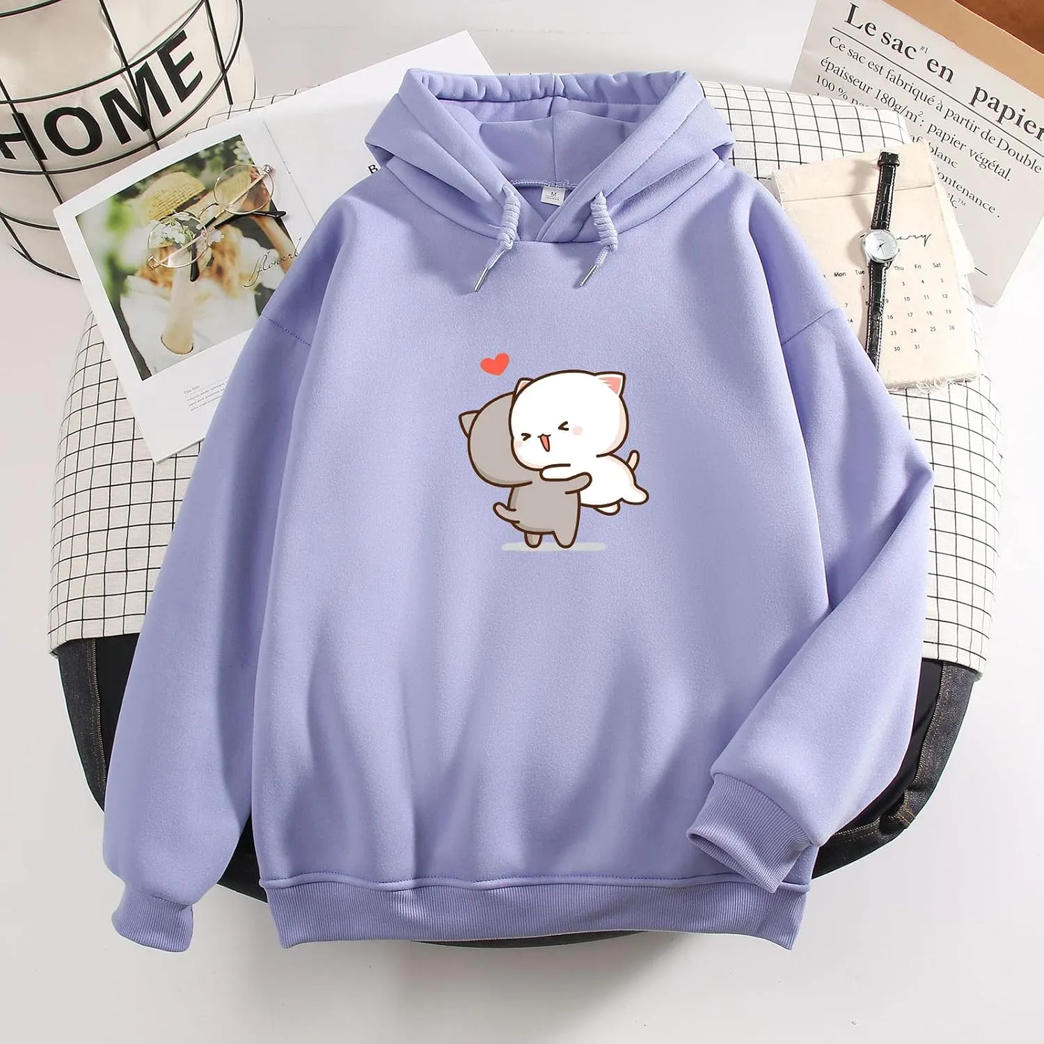 Bobeutou Cute Cartoon Cat Hoodie for Teen Girls Kawaii Graphic Oversized Aesthetic Fleece Preppy Sweatshirts Women Pullover