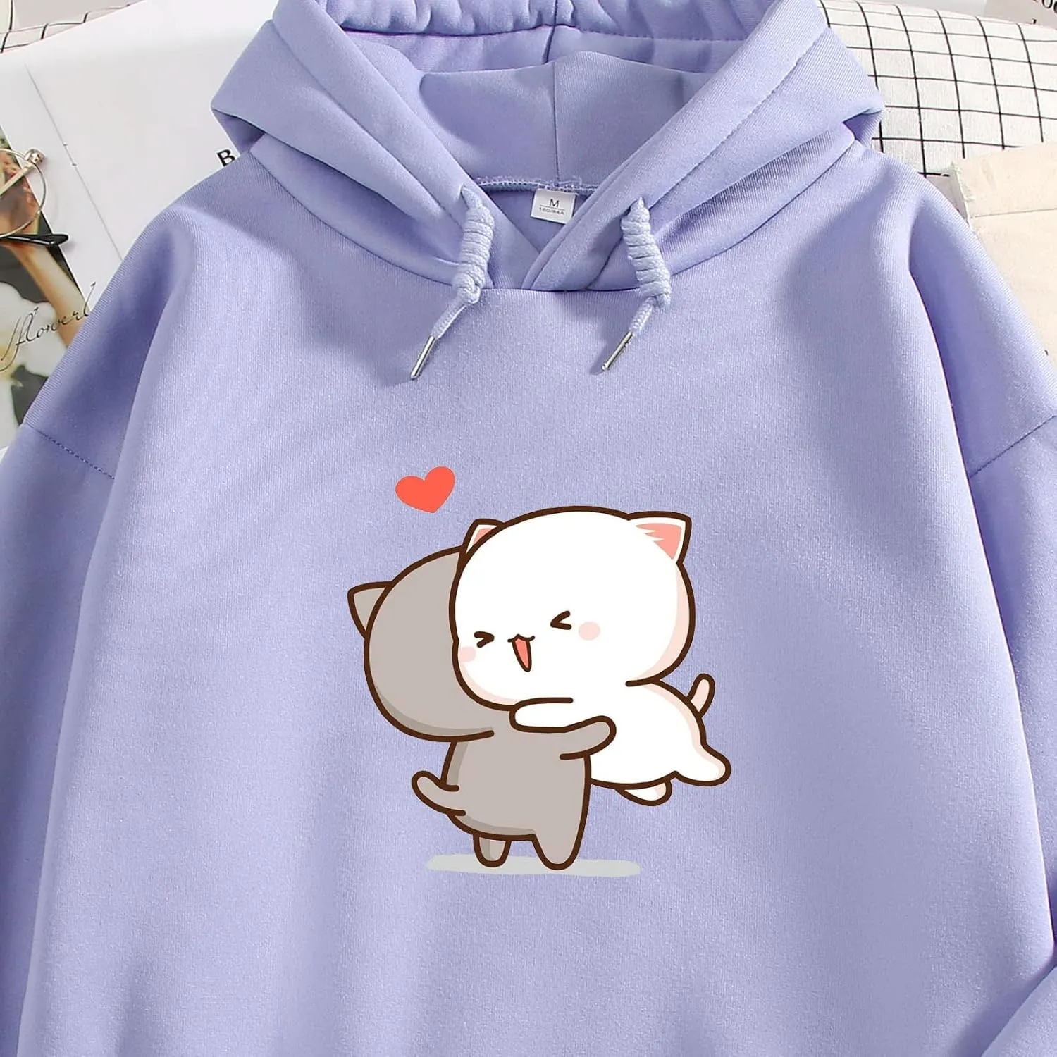 Bobeutou Cute Cartoon Cat Hoodie for Teen Girls Kawaii Graphic Oversized Aesthetic Fleece Preppy Sweatshirts Women Pullover