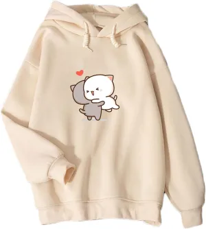 Bobeutou Cute Cartoon Cat Hoodie for Teen Girls Kawaii Graphic Oversized Aesthetic Fleece Preppy Sweatshirts Women Pullover