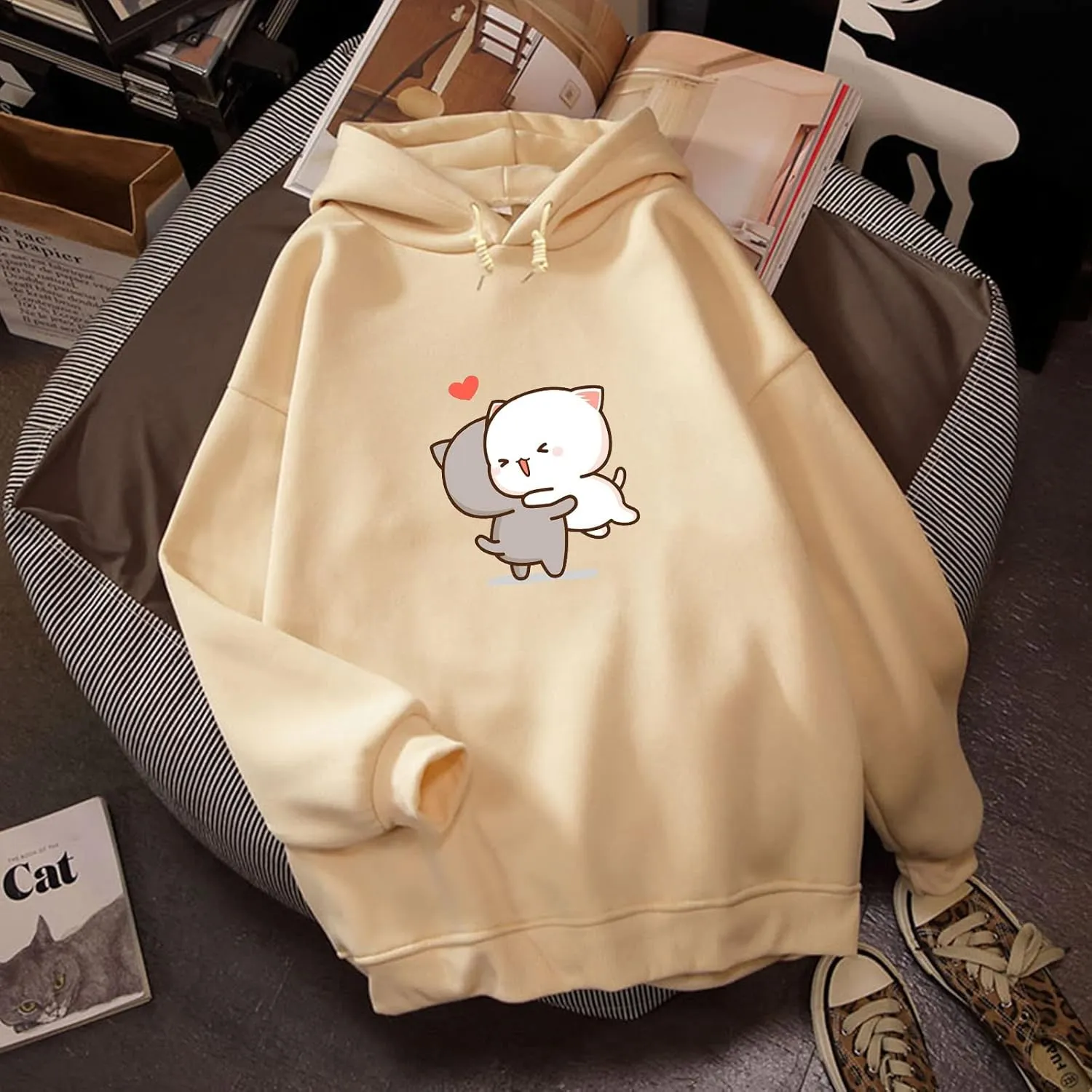Bobeutou Cute Cartoon Cat Hoodie for Teen Girls Kawaii Graphic Oversized Aesthetic Fleece Preppy Sweatshirts Women Pullover