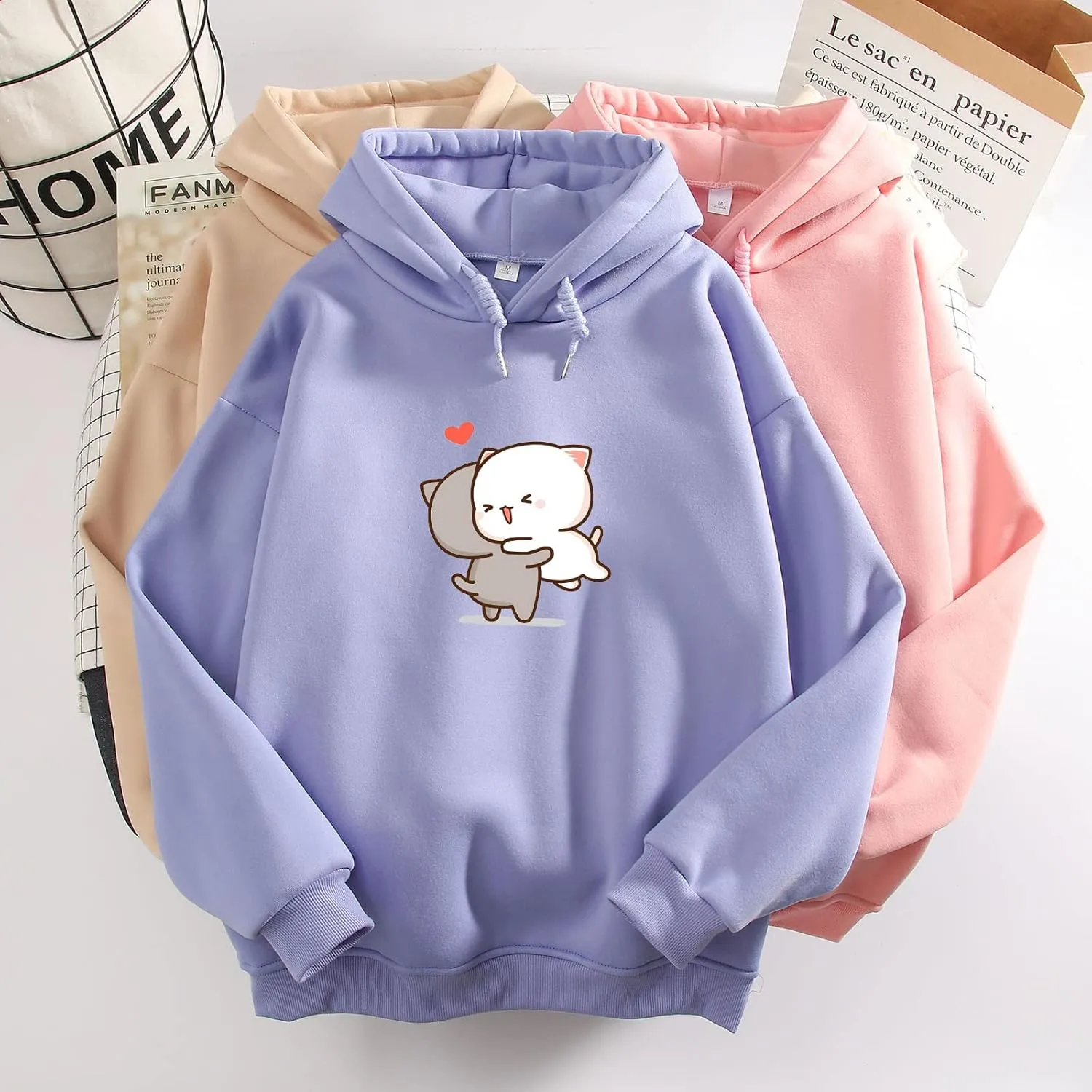 Bobeutou Cute Cartoon Cat Hoodie for Teen Girls Kawaii Graphic Oversized Aesthetic Fleece Preppy Sweatshirts Women Pullover