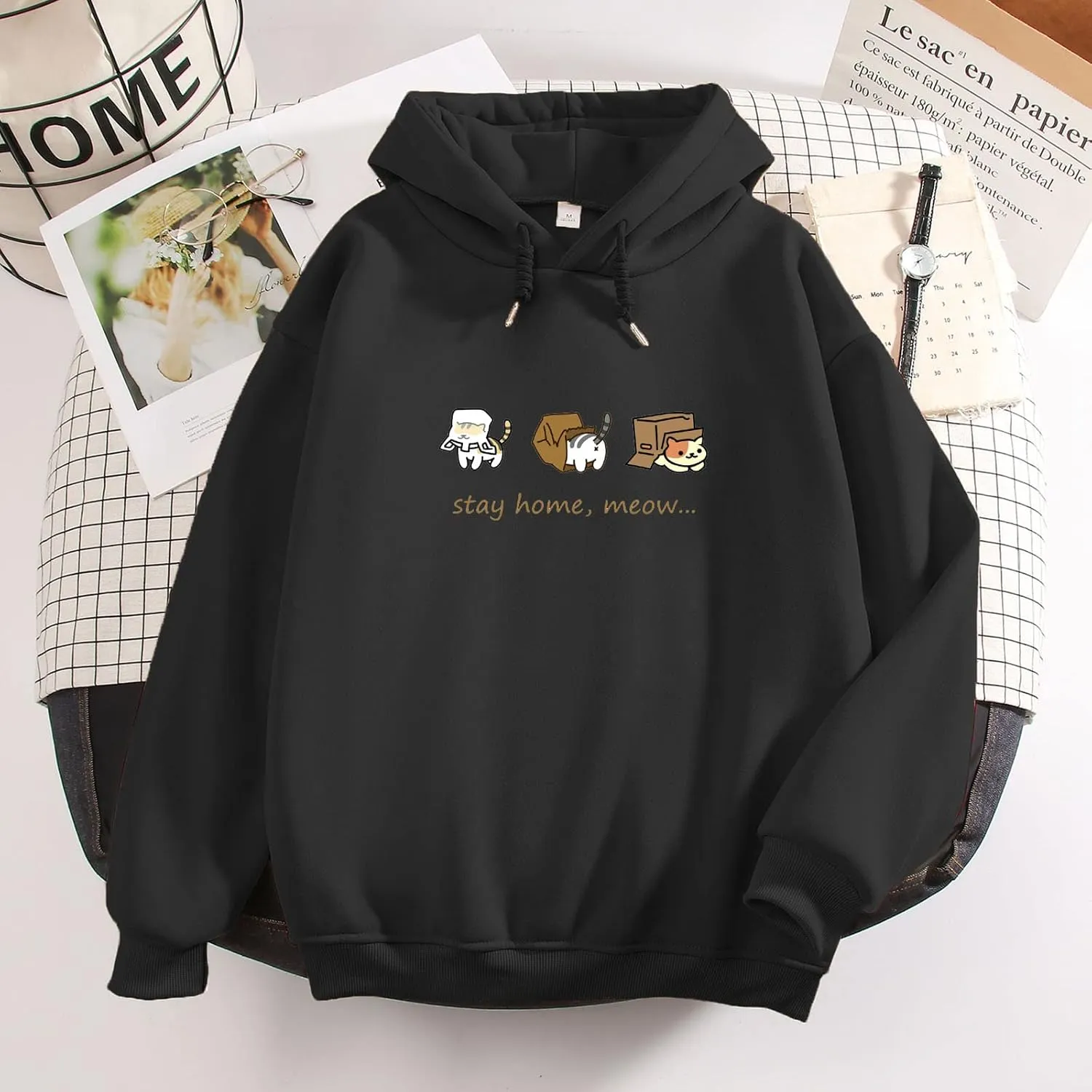 Bobeutou Women Cute Cat Print Oversized Hoodies for Teen Girls Aesthetic Kawaii Cartoon Graphic Fleece Sweatshirt for Women