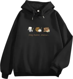 Bobeutou Women Cute Cat Print Oversized Hoodies for Teen Girls Aesthetic Kawaii Cartoon Graphic Fleece Sweatshirt for Women