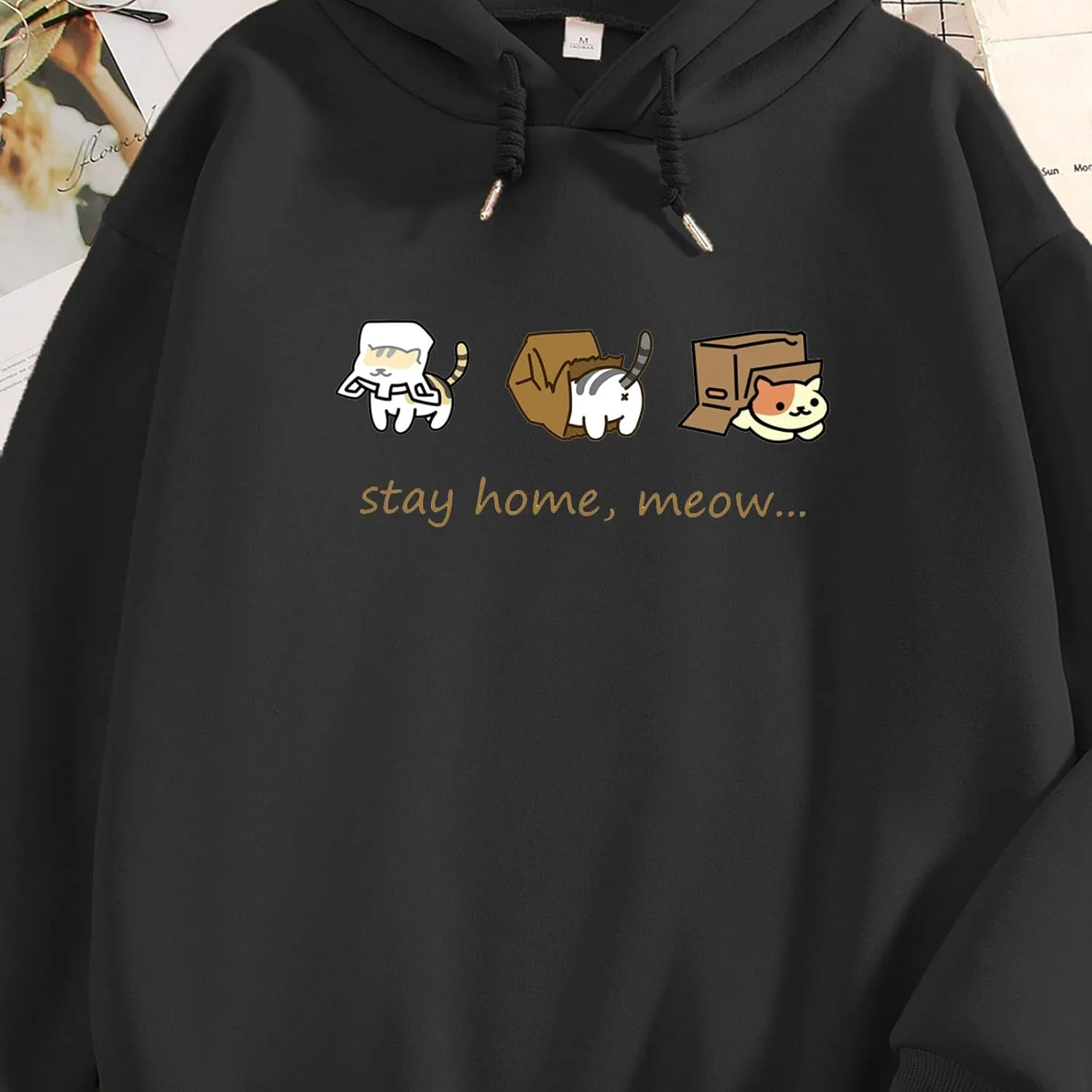 Bobeutou Women Cute Cat Print Oversized Hoodies for Teen Girls Aesthetic Kawaii Cartoon Graphic Fleece Sweatshirt for Women