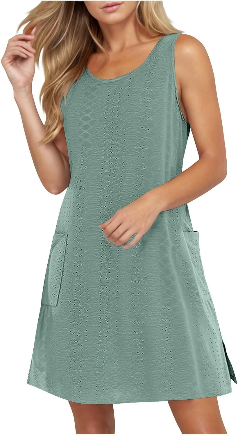 Borniu Tank Dress Womens Elegant T-Shirt Summer Eyelet Dresses Sleeveless Swing A Line Vacation Beach Sundress with Pockets