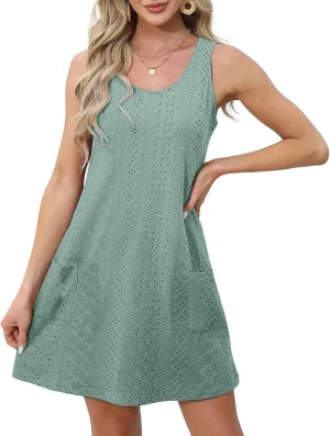 Borniu Tank Dress Womens Elegant T-Shirt Summer Eyelet Dresses Sleeveless Swing A Line Vacation Beach Sundress with Pockets