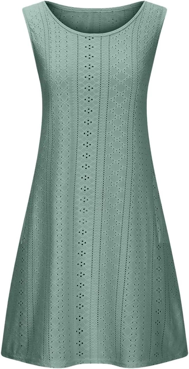 Borniu Tank Dress Womens Elegant T-Shirt Summer Eyelet Dresses Sleeveless Swing A Line Vacation Beach Sundress with Pockets