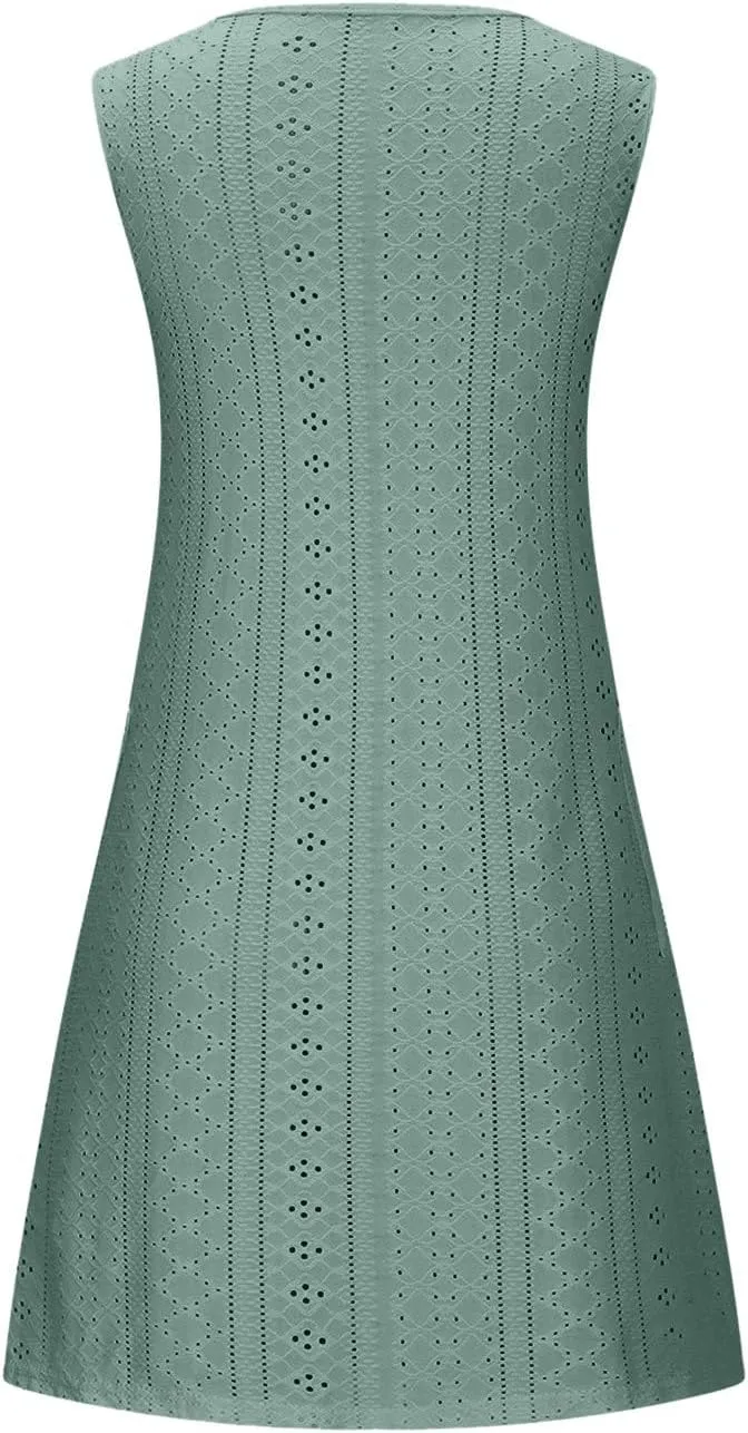 Borniu Tank Dress Womens Elegant T-Shirt Summer Eyelet Dresses Sleeveless Swing A Line Vacation Beach Sundress with Pockets