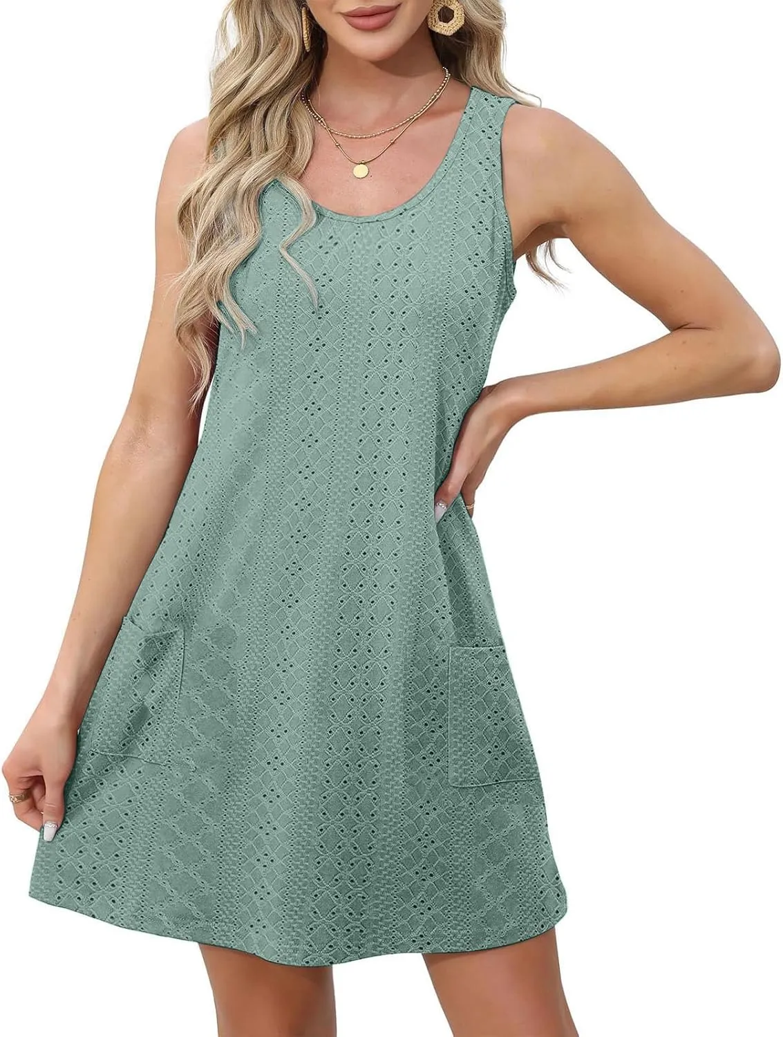 Borniu Tank Dress Womens Elegant T-Shirt Summer Eyelet Dresses Sleeveless Swing A Line Vacation Beach Sundress with Pockets
