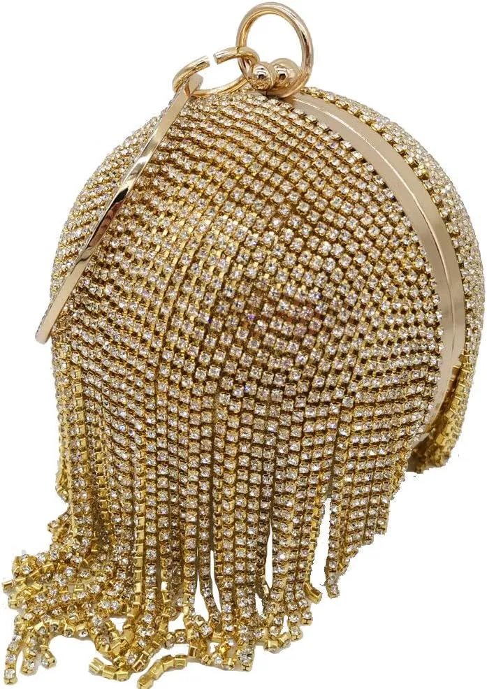 Boutique De FGG Round Ball Crystal Clutch Purse Women Formal Evening Bags Wedding Party Tassel Rhinestone Clutch Bags,Mini