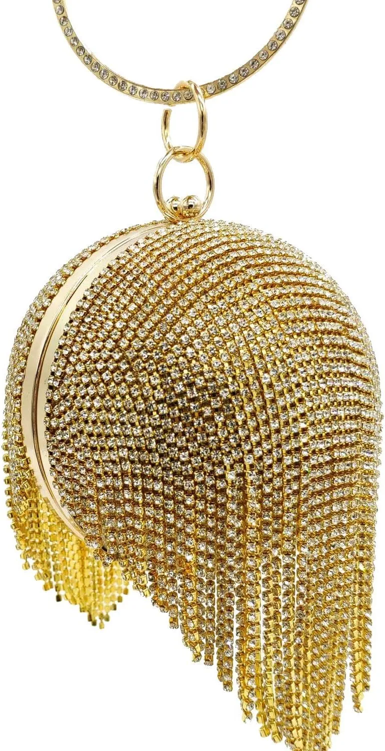 Boutique De FGG Round Ball Crystal Clutch Purse Women Formal Evening Bags Wedding Party Tassel Rhinestone Clutch Bags,Mini