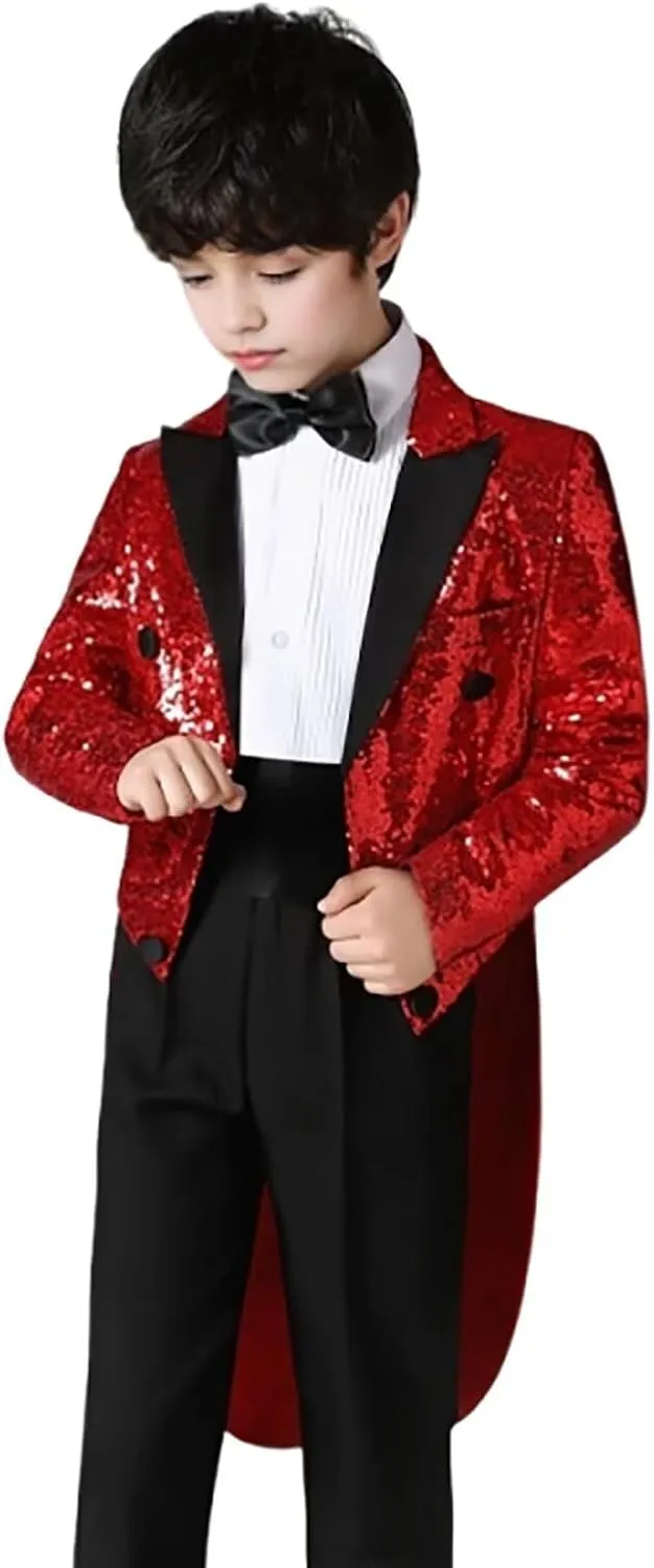 Boys Sequin Tuxedo Jacket Tails Slim Fit Tailcoat Dress Coat Swallowtail Dinner Party Wedding Blazer Suit Jacket