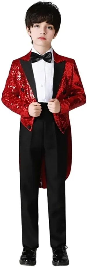 Boys Sequin Tuxedo Jacket Tails Slim Fit Tailcoat Dress Coat Swallowtail Dinner Party Wedding Blazer Suit Jacket