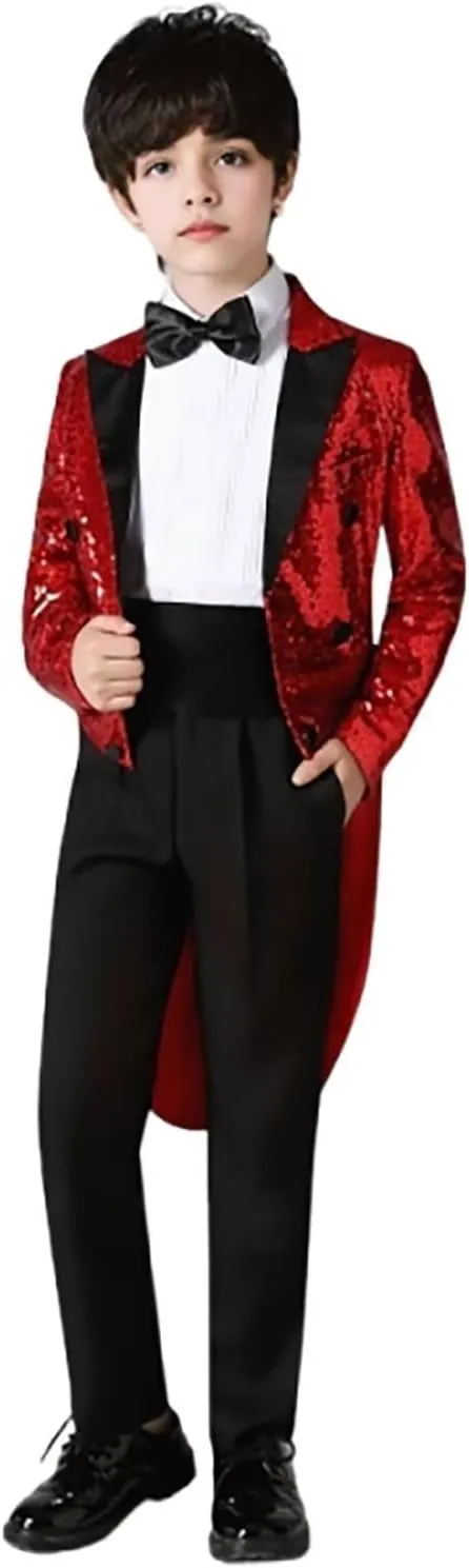 Boys Sequin Tuxedo Jacket Tails Slim Fit Tailcoat Dress Coat Swallowtail Dinner Party Wedding Blazer Suit Jacket
