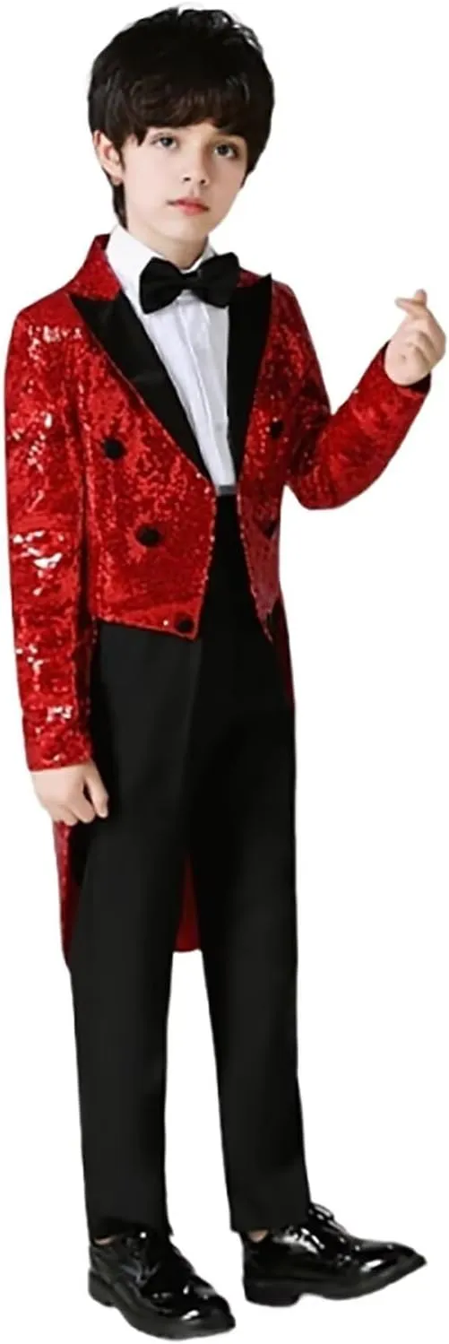 Boys Sequin Tuxedo Jacket Tails Slim Fit Tailcoat Dress Coat Swallowtail Dinner Party Wedding Blazer Suit Jacket