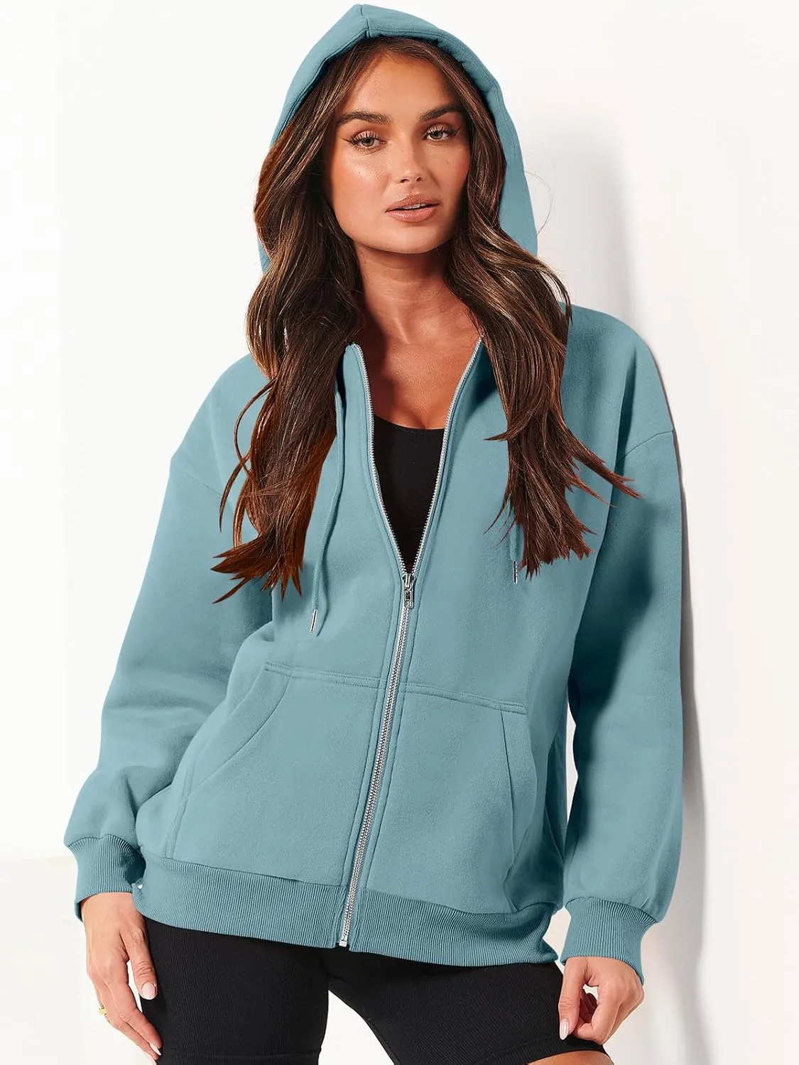 Caracilia Womens Zip Up Hoodies Oversized Long Sleeve Sweatshirts Casual Y2K Hoodie 2024 Fall Jacket with Pockets