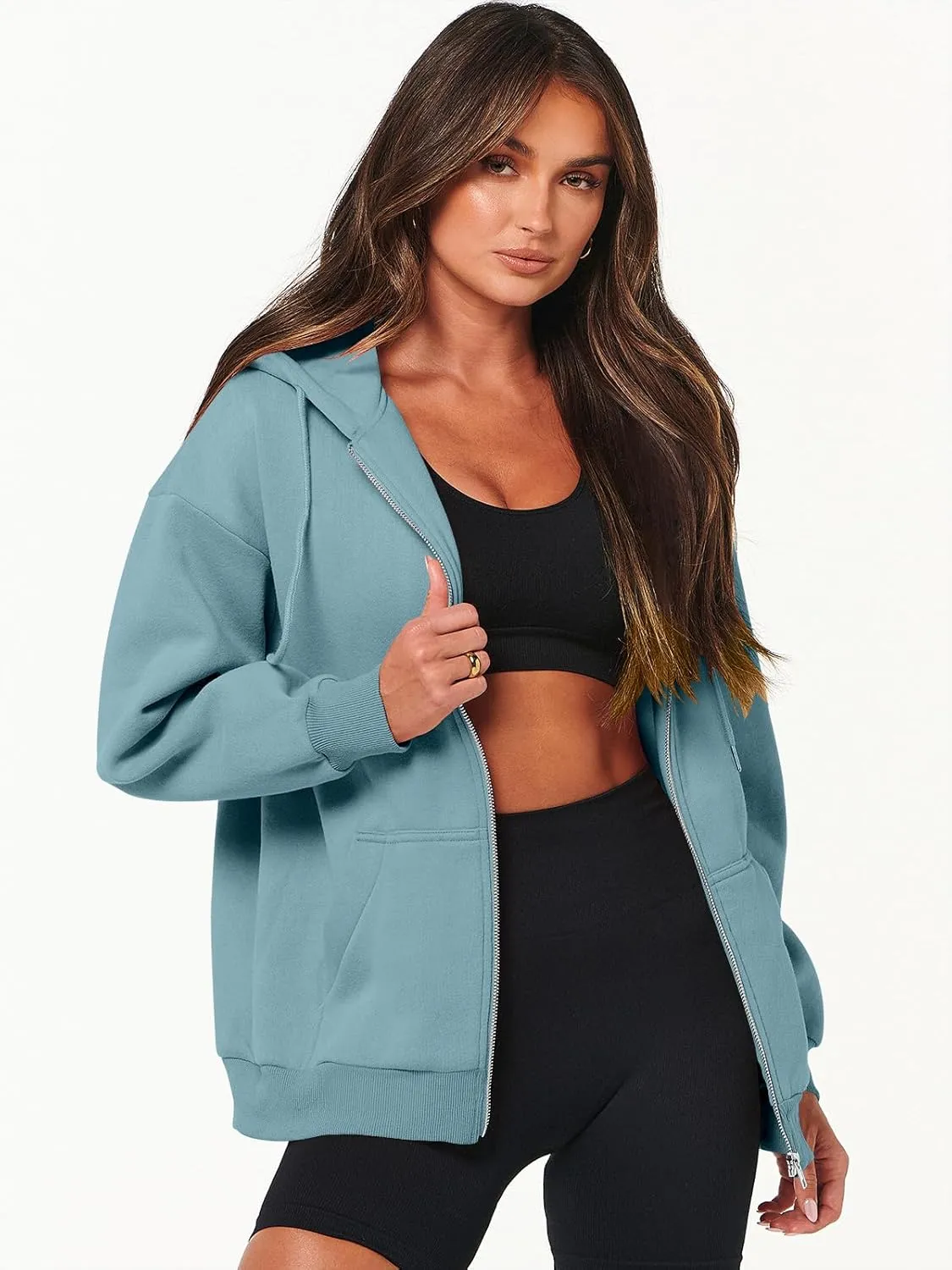 Caracilia Womens Zip Up Hoodies Oversized Long Sleeve Sweatshirts Casual Y2K Hoodie 2024 Fall Jacket with Pockets