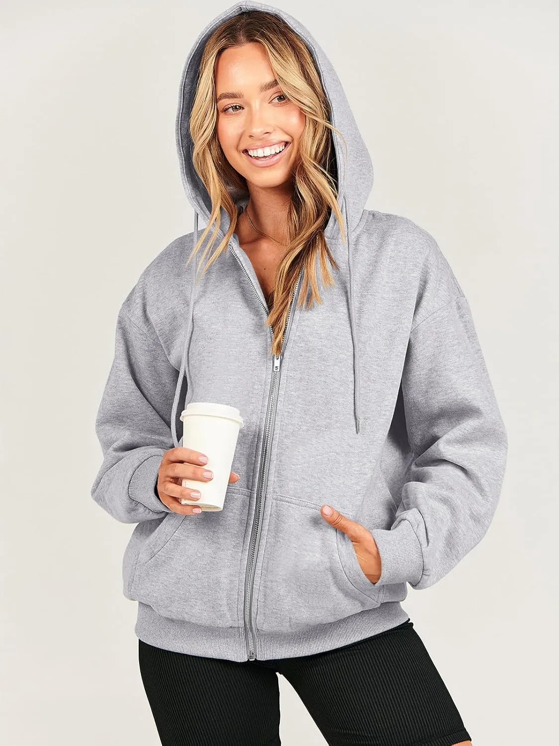 Caracilia Womens Zip Up Hoodies Oversized Long Sleeve Sweatshirts Casual Y2K Hoodie 2024 Fall Jacket with Pockets