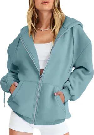 Caracilia Womens Zip Up Hoodies Oversized Long Sleeve Sweatshirts Casual Y2K Hoodie 2024 Fall Jacket with Pockets