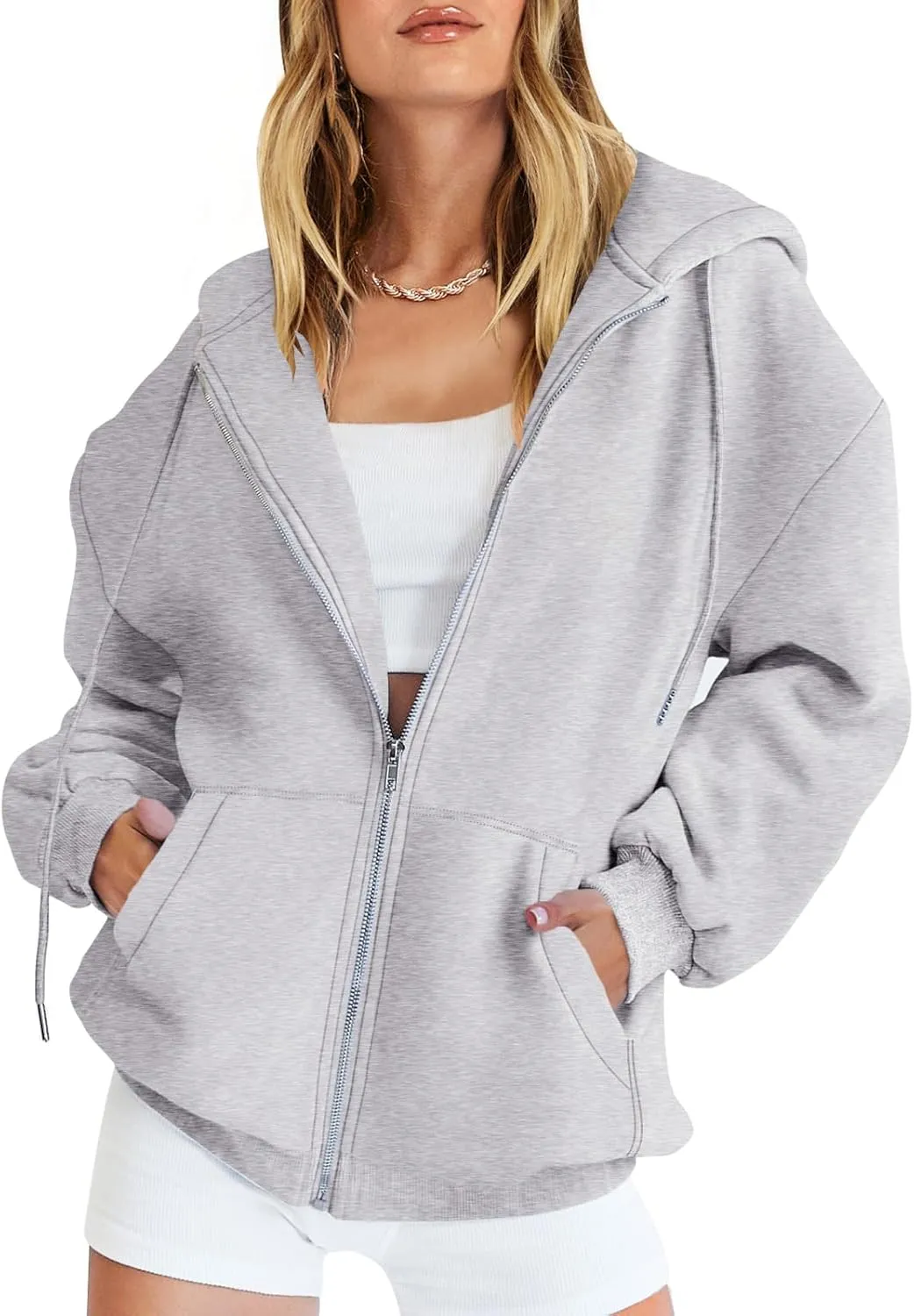 Caracilia Womens Zip Up Hoodies Oversized Long Sleeve Sweatshirts Casual Y2K Hoodie 2024 Fall Jacket with Pockets