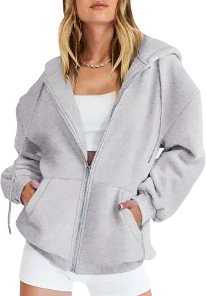 Caracilia Womens Zip Up Hoodies Oversized Long Sleeve Sweatshirts Casual Y2K Hoodie 2024 Fall Jacket with Pockets