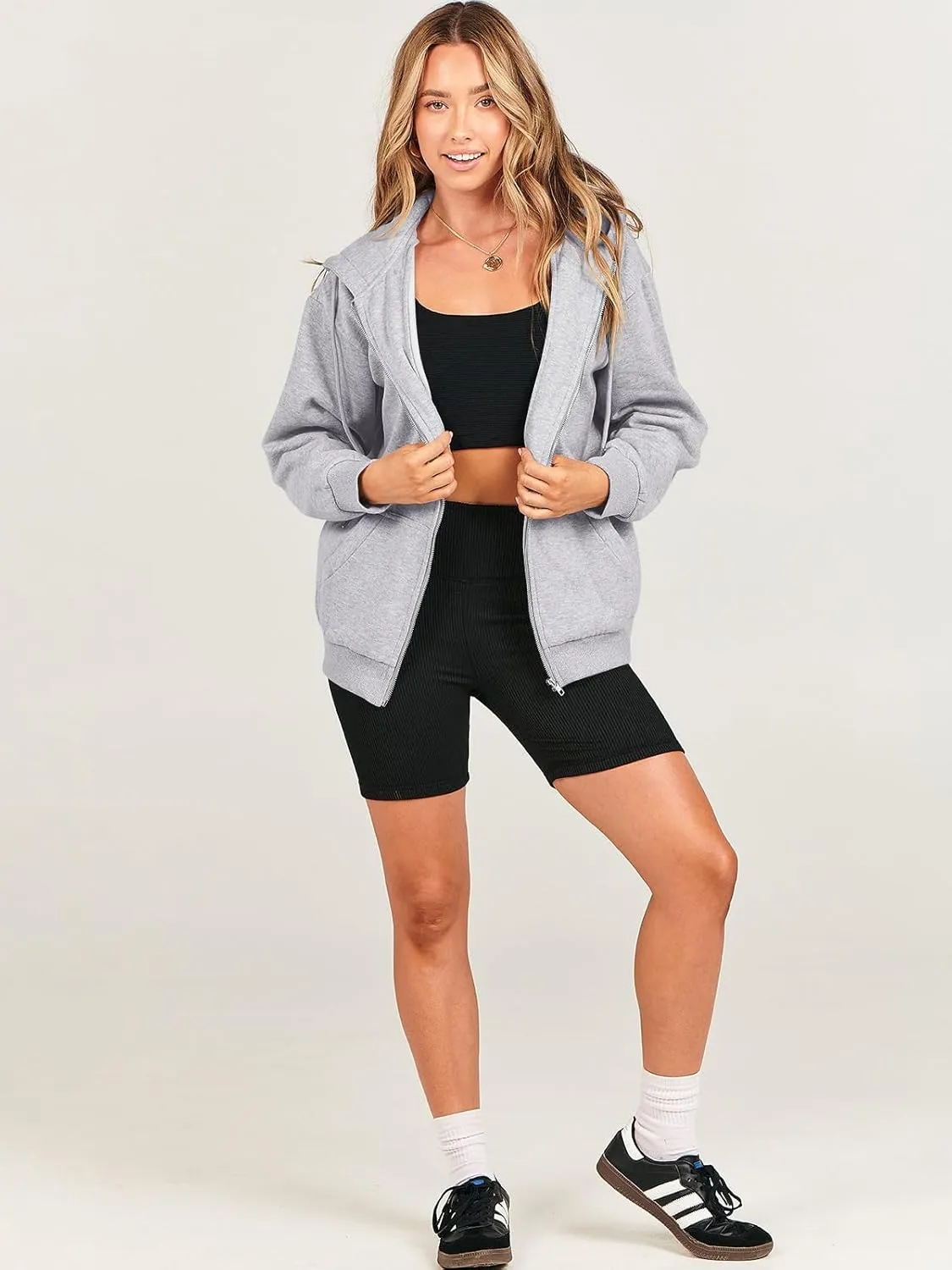 Caracilia Womens Zip Up Hoodies Oversized Long Sleeve Sweatshirts Casual Y2K Hoodie 2024 Fall Jacket with Pockets