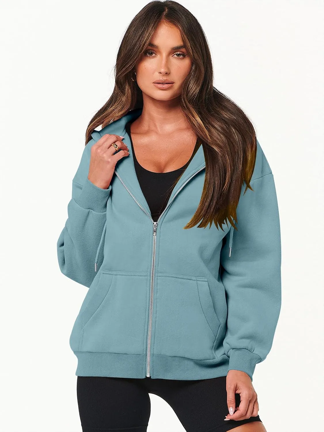 Caracilia Womens Zip Up Hoodies Oversized Long Sleeve Sweatshirts Casual Y2K Hoodie 2024 Fall Jacket with Pockets