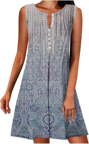 Ceboyel Womens 2023 Floral Tunic Dress Button Short Dresses Sleeveless Pleated Summer Causal Dress Cute Trendy Boho Clothes