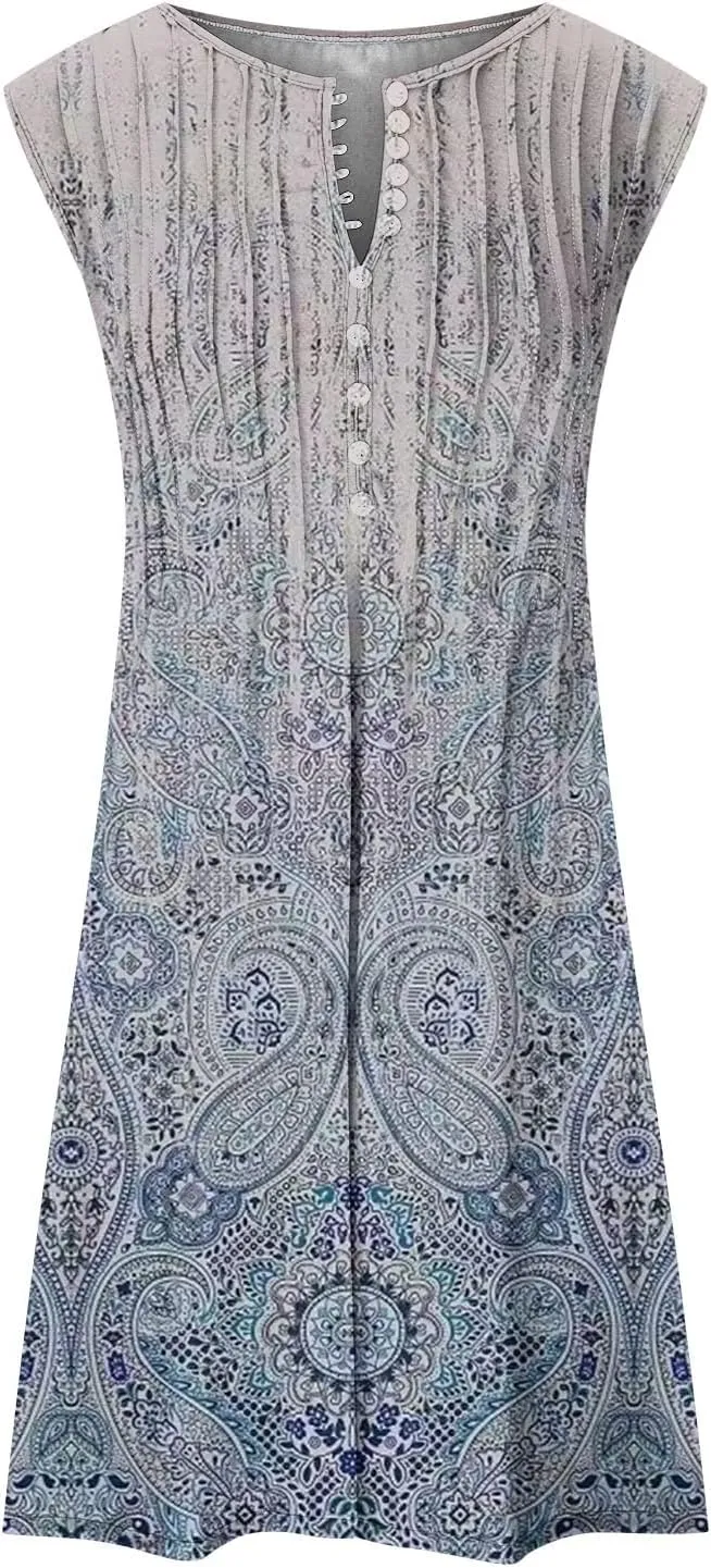 Ceboyel Womens 2023 Floral Tunic Dress Button Short Dresses Sleeveless Pleated Summer Causal Dress Cute Trendy Boho Clothes