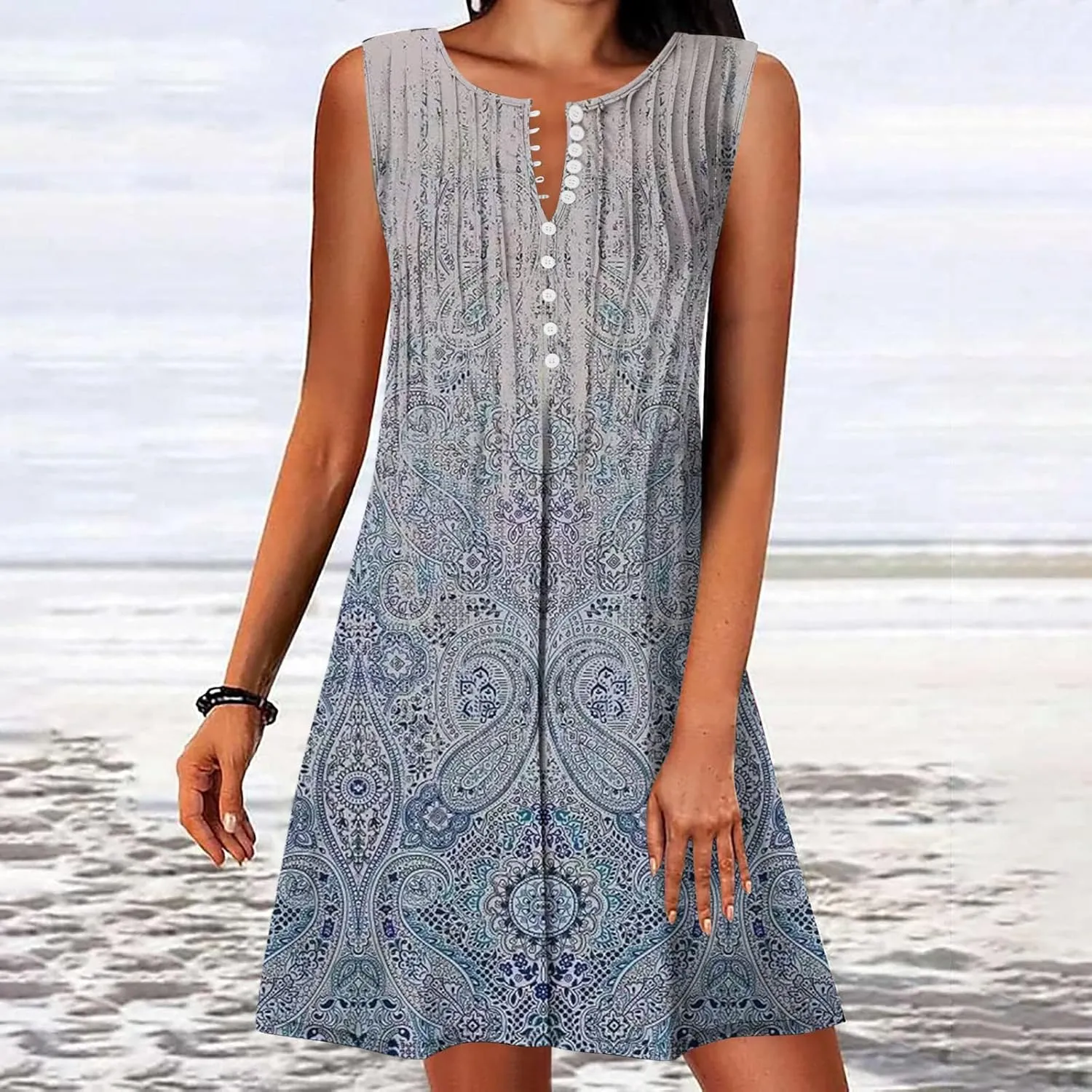 Ceboyel Womens 2023 Floral Tunic Dress Button Short Dresses Sleeveless Pleated Summer Causal Dress Cute Trendy Boho Clothes