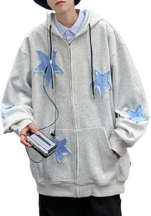 CEINOM Men's Star Patch Zip Up Hoodie for Men Women Graphic Hoodies Oversized Y2k Sweatshirt Jacket E-Girl 90s Streetwear