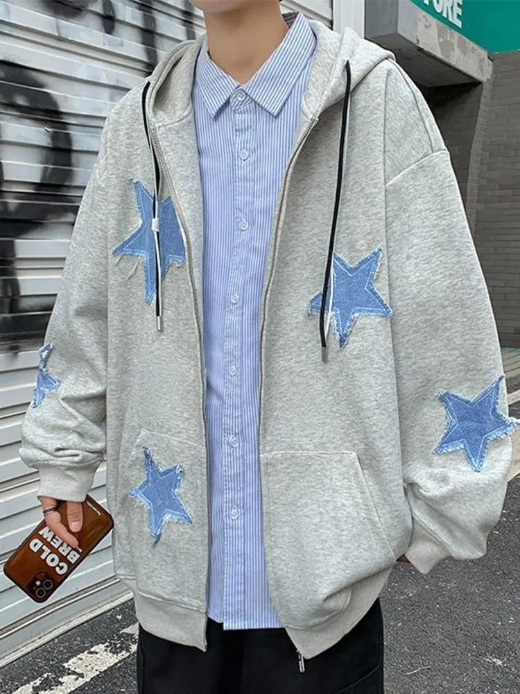 CEINOM Men's Star Patch Zip Up Hoodie for Men Women Graphic Hoodies Oversized Y2k Sweatshirt Jacket E-Girl 90s Streetwear