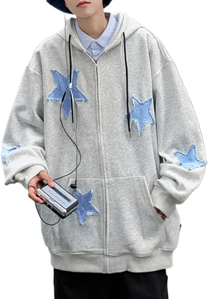 CEINOM Men's Star Patch Zip Up Hoodie for Men Women Graphic Hoodies Oversized Y2k Sweatshirt Jacket E-Girl 90s Streetwear