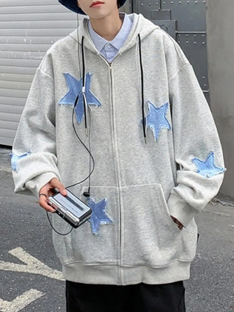 CEINOM Men's Star Patch Zip Up Hoodie for Men Women Graphic Hoodies Oversized Y2k Sweatshirt Jacket E-Girl 90s Streetwear