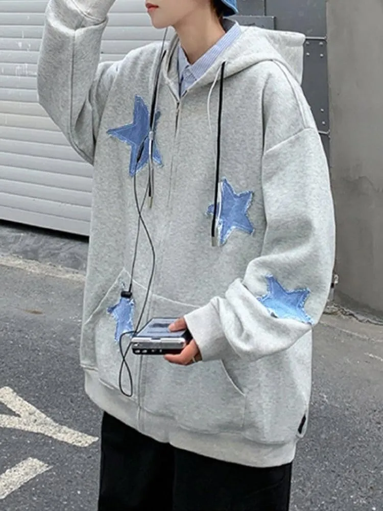 CEINOM Men's Star Patch Zip Up Hoodie for Men Women Graphic Hoodies Oversized Y2k Sweatshirt Jacket E-Girl 90s Streetwear