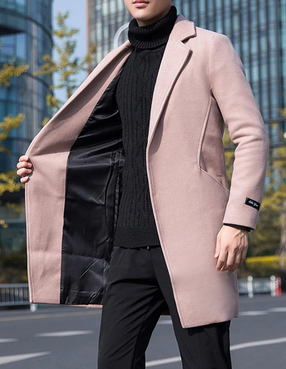 CHARTOU Men's Notched Collar 1 Button Slim Fit Midi Trench Pea Coat Jacket