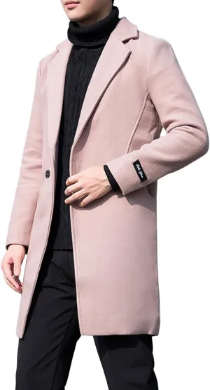 CHARTOU Men's Notched Collar 1 Button Slim Fit Midi Trench Pea Coat Jacket