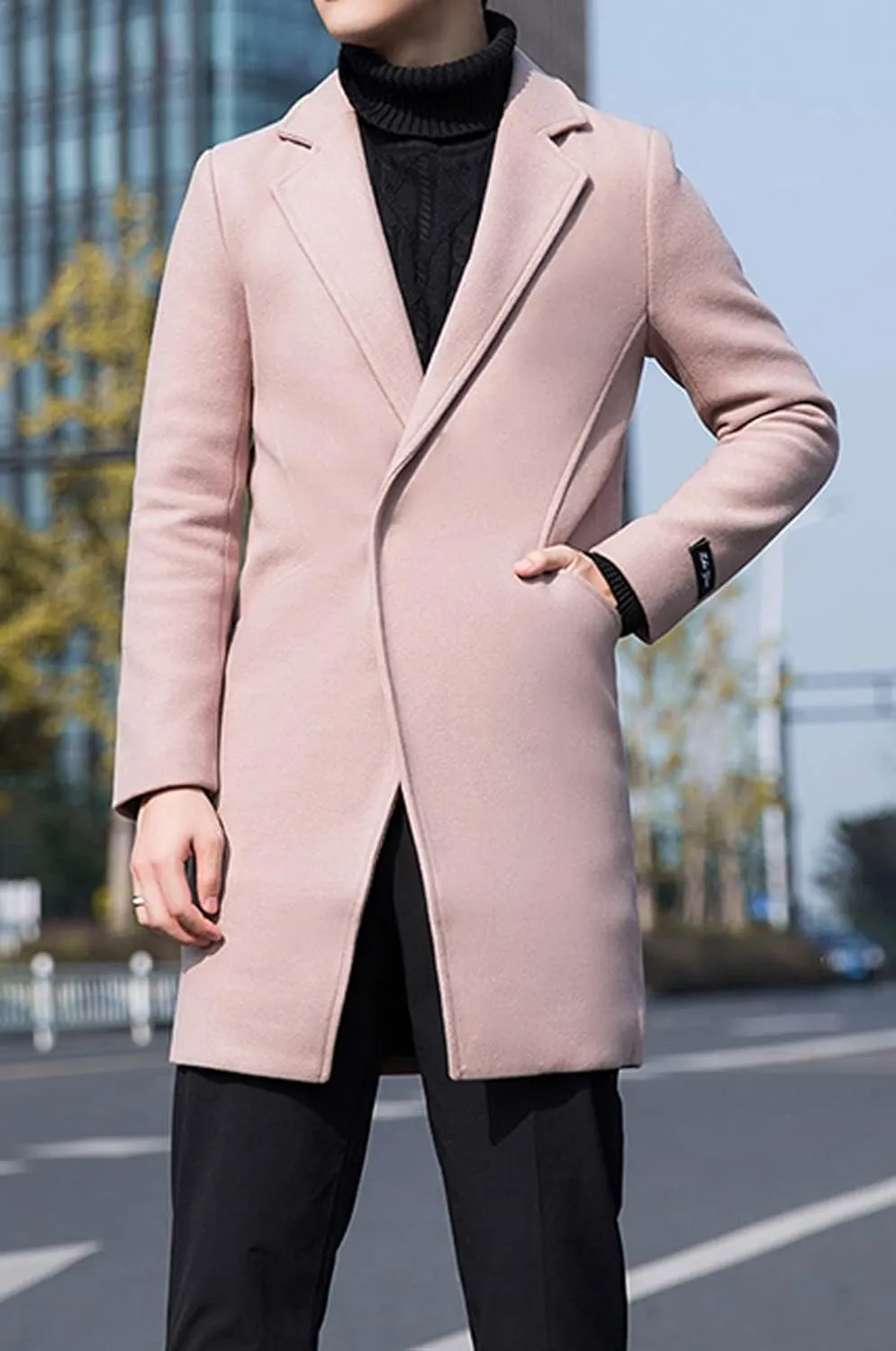 CHARTOU Men's Notched Collar 1 Button Slim Fit Midi Trench Pea Coat Jacket