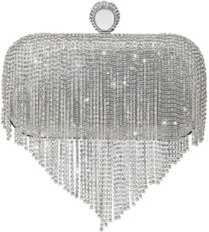 Clutch Purses for Women Rhinestone Evening Clutch Bag for Women Silver Small Handbag with Tassel Chain Shoulder Strap