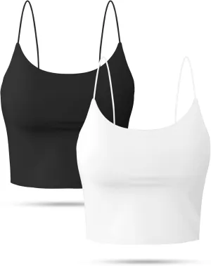 Crop Tank Top with Built in Bra for Women, Basic Solid Cropped Spaghetti Strap Camisole, Short Sports Yoga Workout Fitness Sleeveless Double Layer Longline Bralette Cami Black White, S