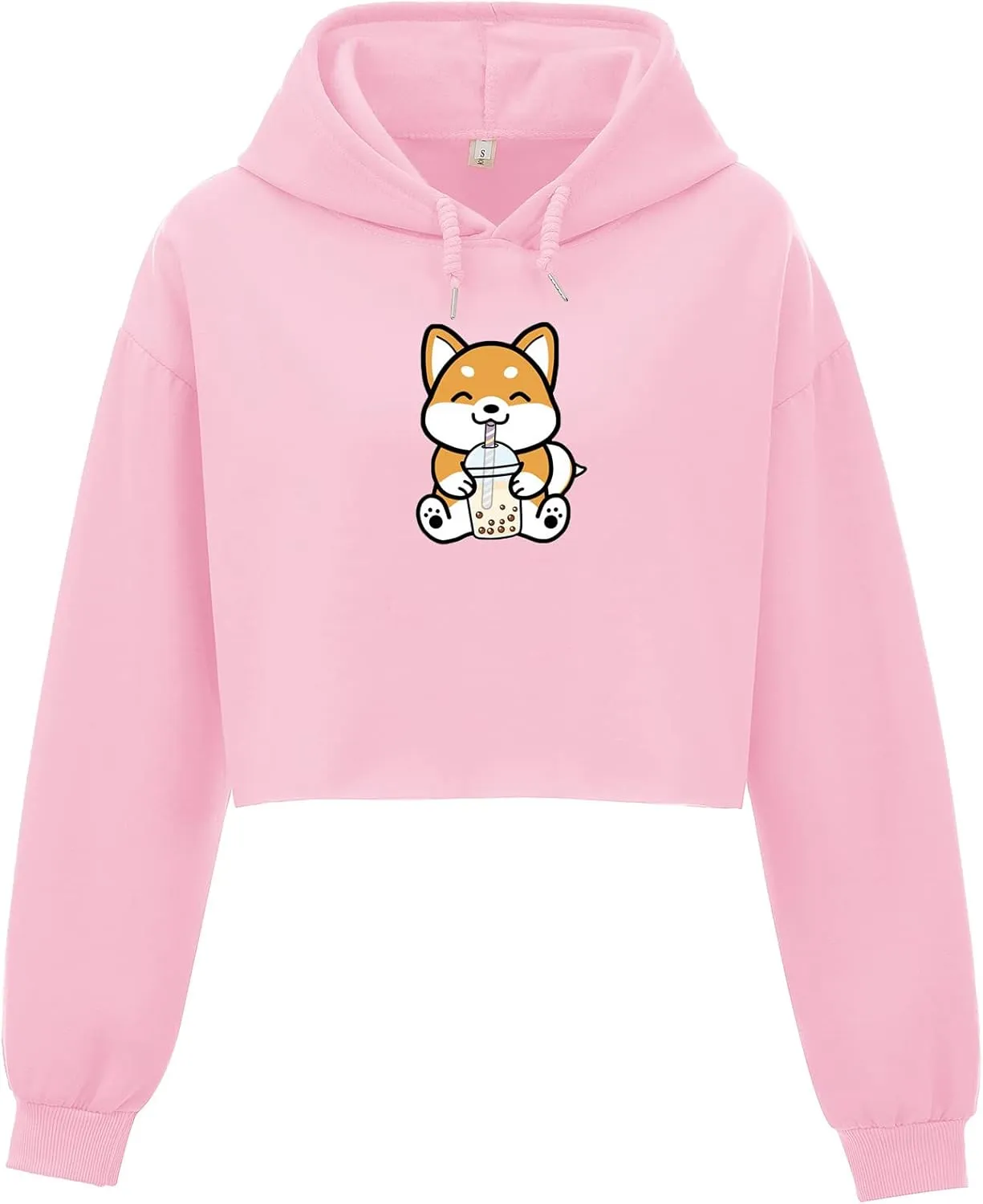 Cute Womens Kawaii Dog Milk Tea Graphic Cropped Hoodie Printed Crop Sweatshirt for Girl Cotton Animal Hoodies