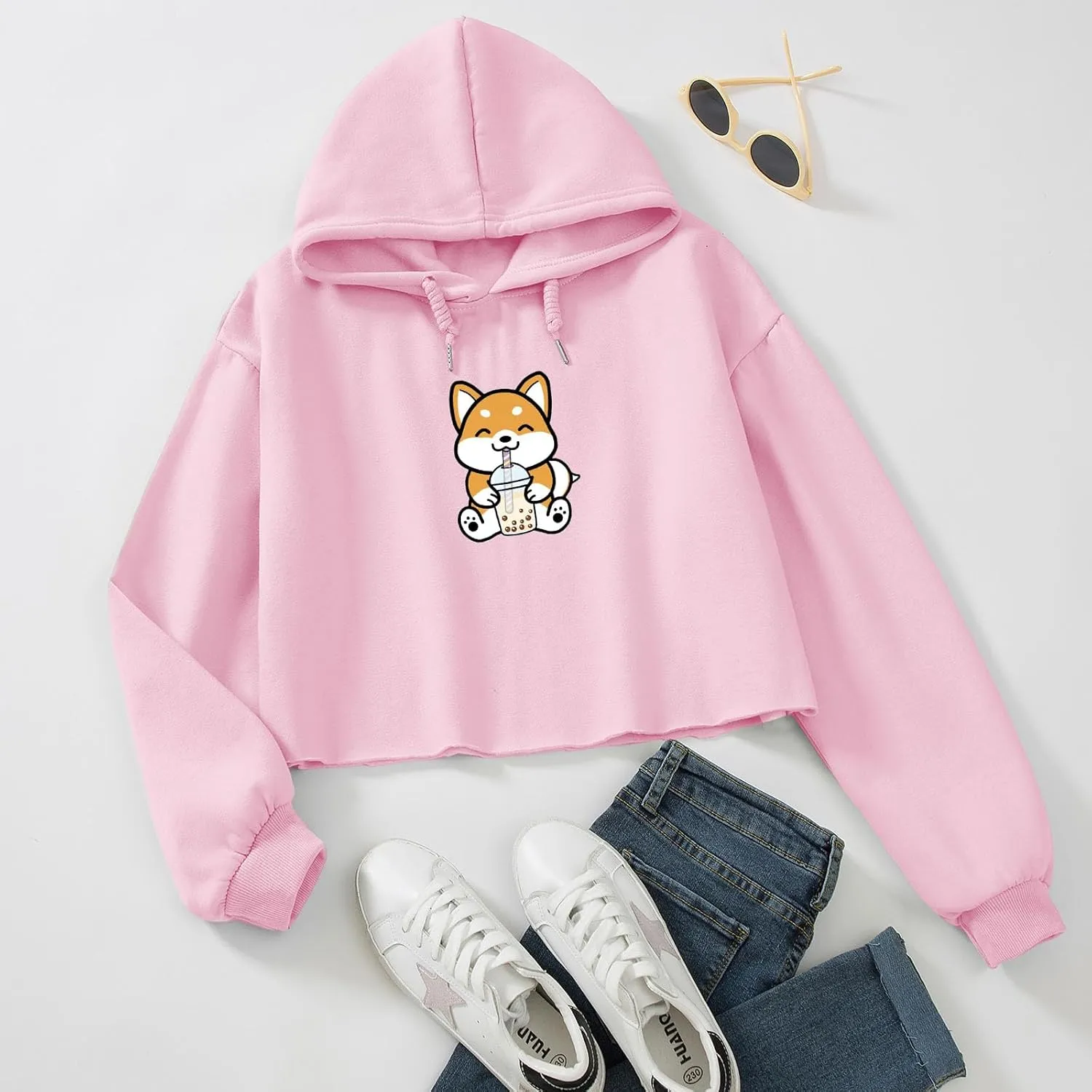 Cute Womens Kawaii Dog Milk Tea Graphic Cropped Hoodie Printed Crop Sweatshirt for Girl Cotton Animal Hoodies