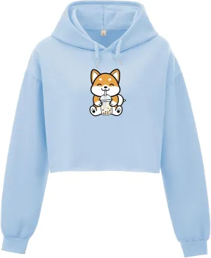 Cute Womens Kawaii Dog Milk Tea Graphic Cropped Hoodie Printed Crop Sweatshirt for Girl Cotton Animal Hoodies