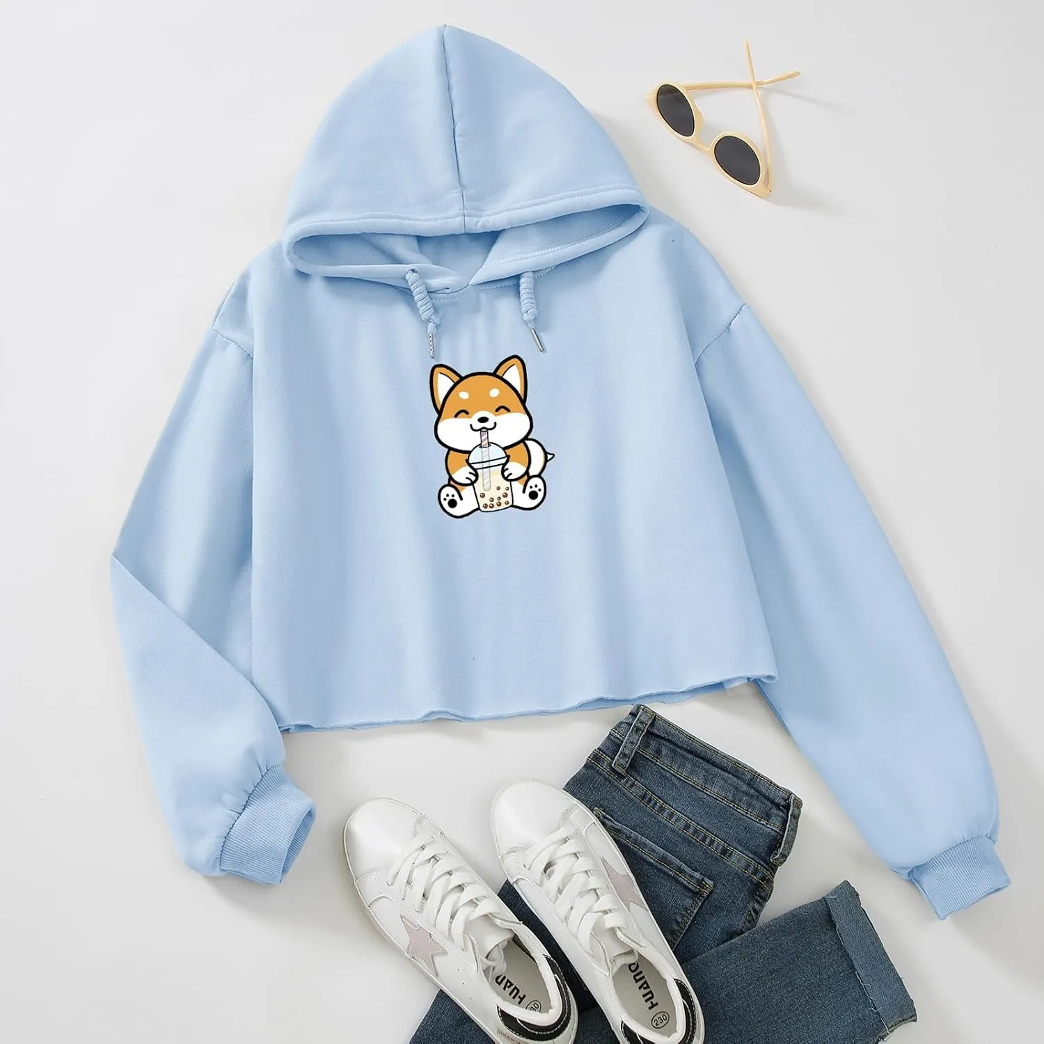 Cute Womens Kawaii Dog Milk Tea Graphic Cropped Hoodie Printed Crop Sweatshirt for Girl Cotton Animal Hoodies