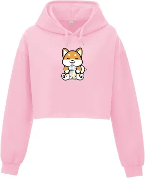 Cute Womens Kawaii Dog Milk Tea Graphic Cropped Hoodie Printed Crop Sweatshirt for Girl Cotton Animal Hoodies