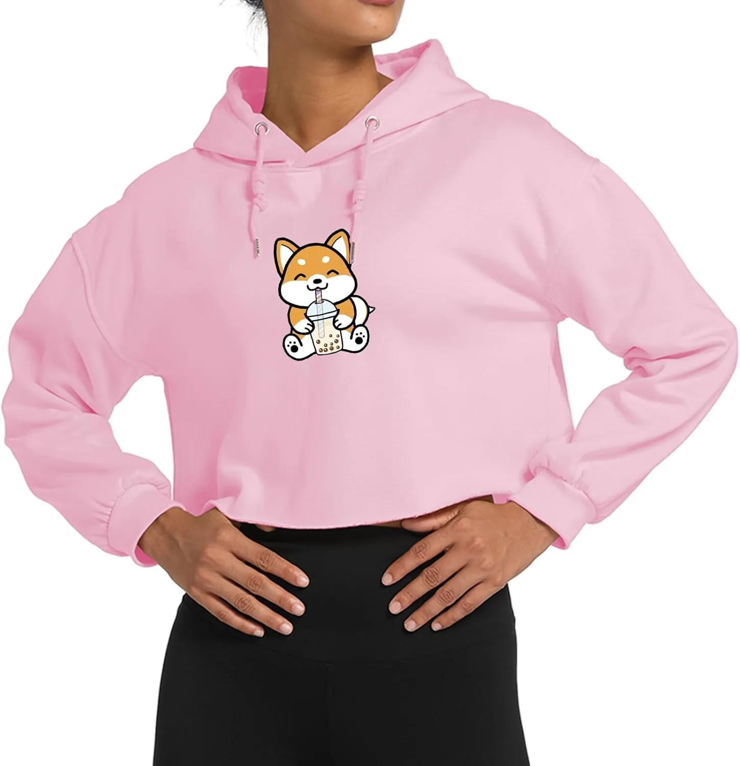 Cute Womens Kawaii Dog Milk Tea Graphic Cropped Hoodie Printed Crop Sweatshirt for Girl Cotton Animal Hoodies