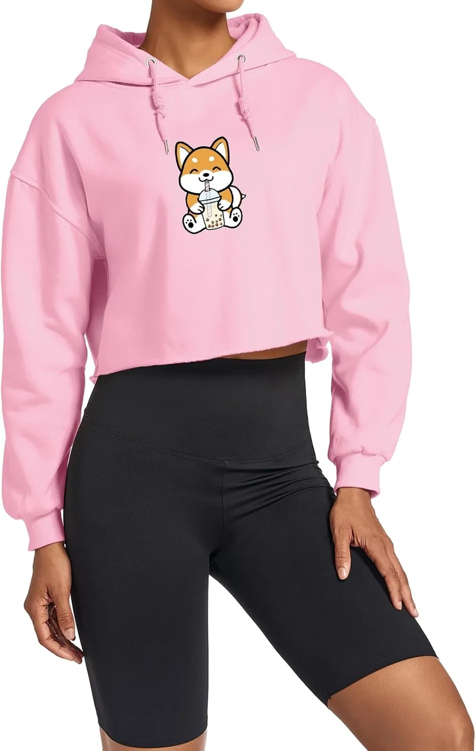 Cute Womens Kawaii Dog Milk Tea Graphic Cropped Hoodie Printed Crop Sweatshirt for Girl Cotton Animal Hoodies