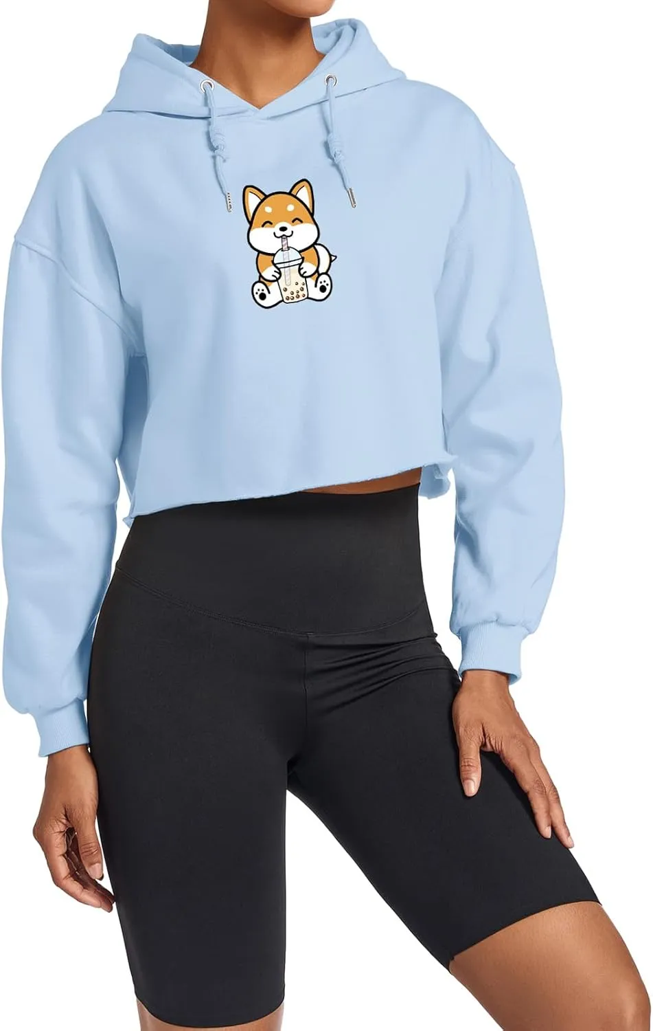 Cute Womens Kawaii Dog Milk Tea Graphic Cropped Hoodie Printed Crop Sweatshirt for Girl Cotton Animal Hoodies