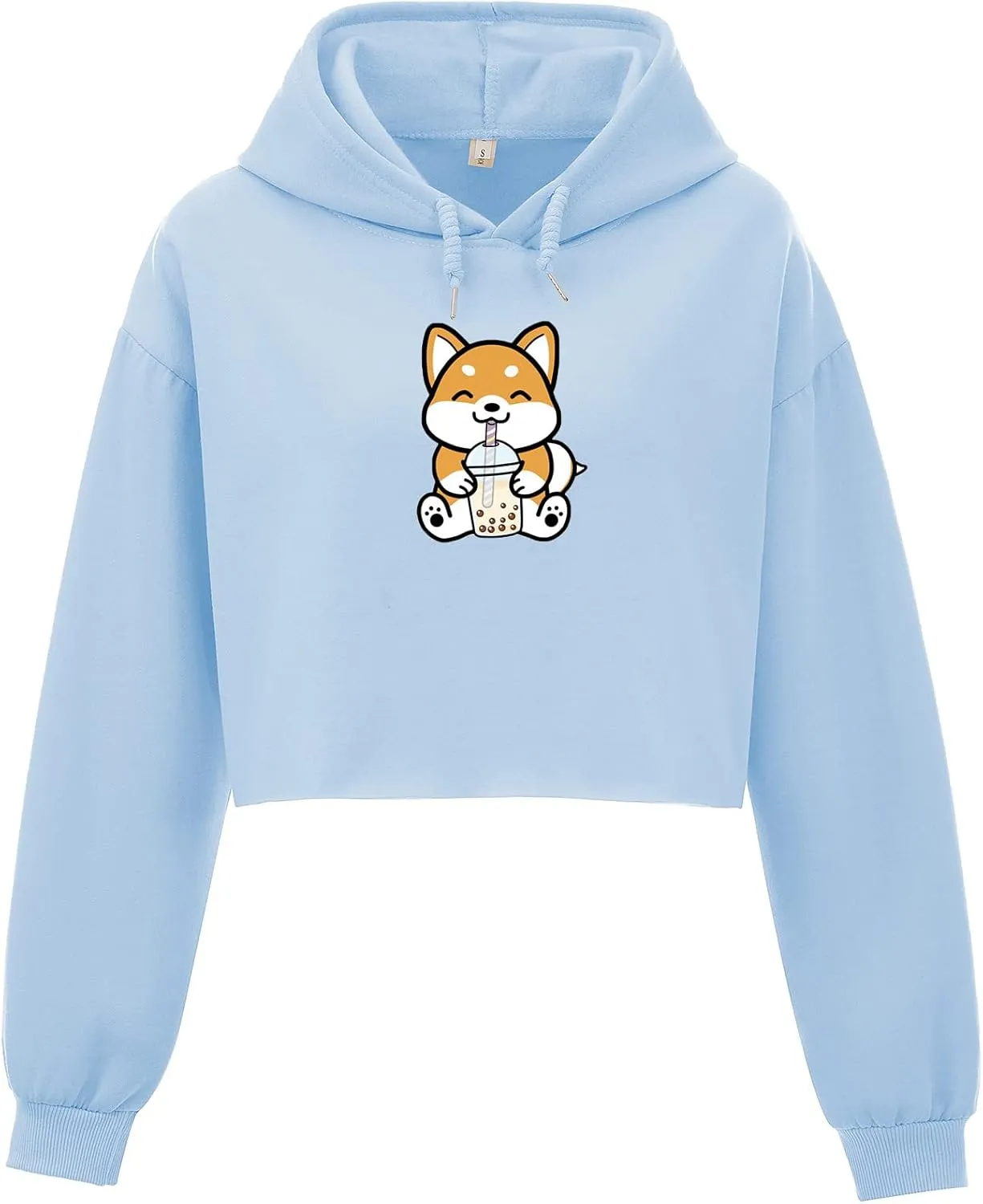 Cute Womens Kawaii Dog Milk Tea Graphic Cropped Hoodie Printed Crop Sweatshirt for Girl Cotton Animal Hoodies