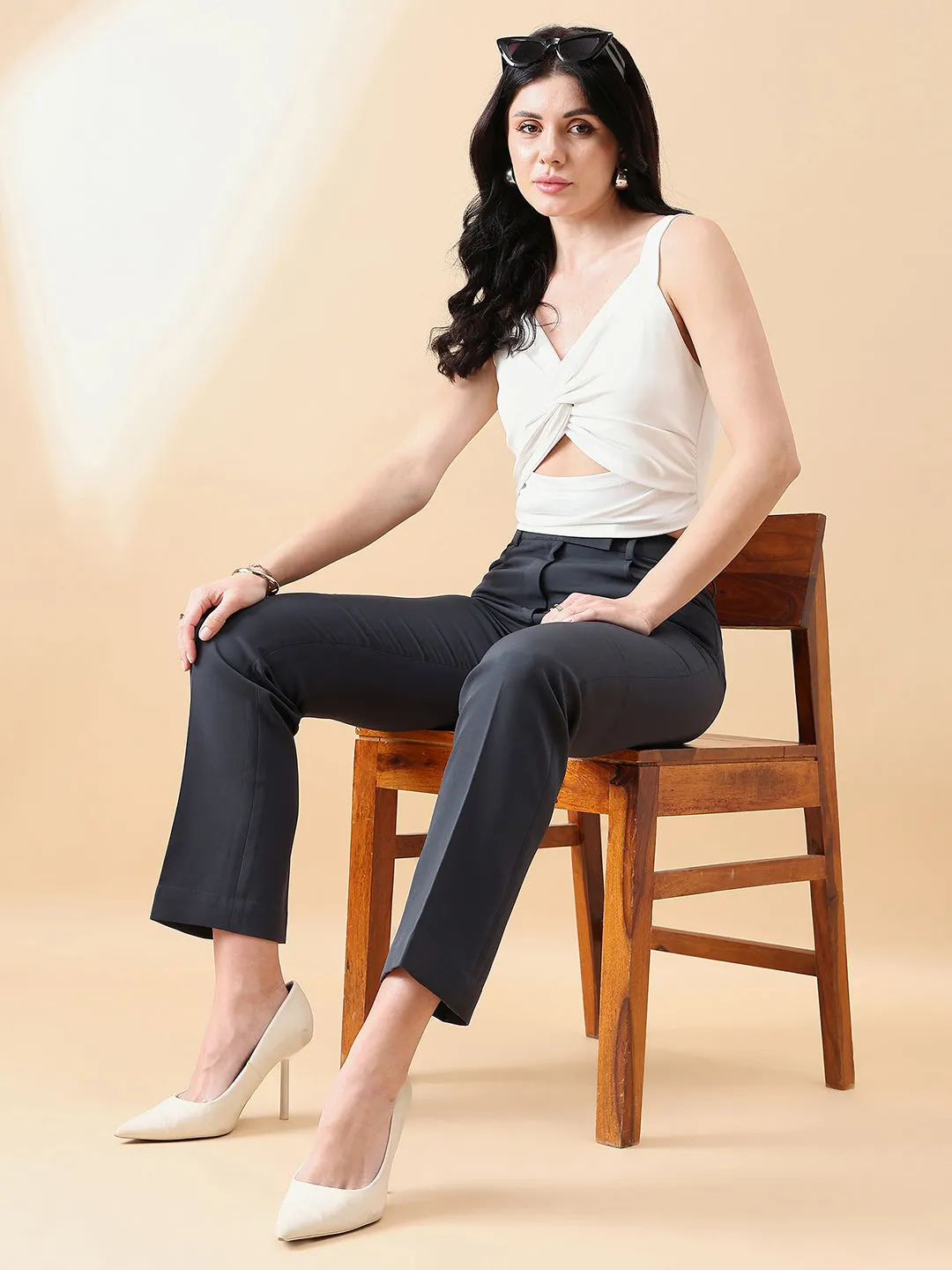 Dark Grey Polyester & Viscose Blend Comfort Fit Stretch Pant